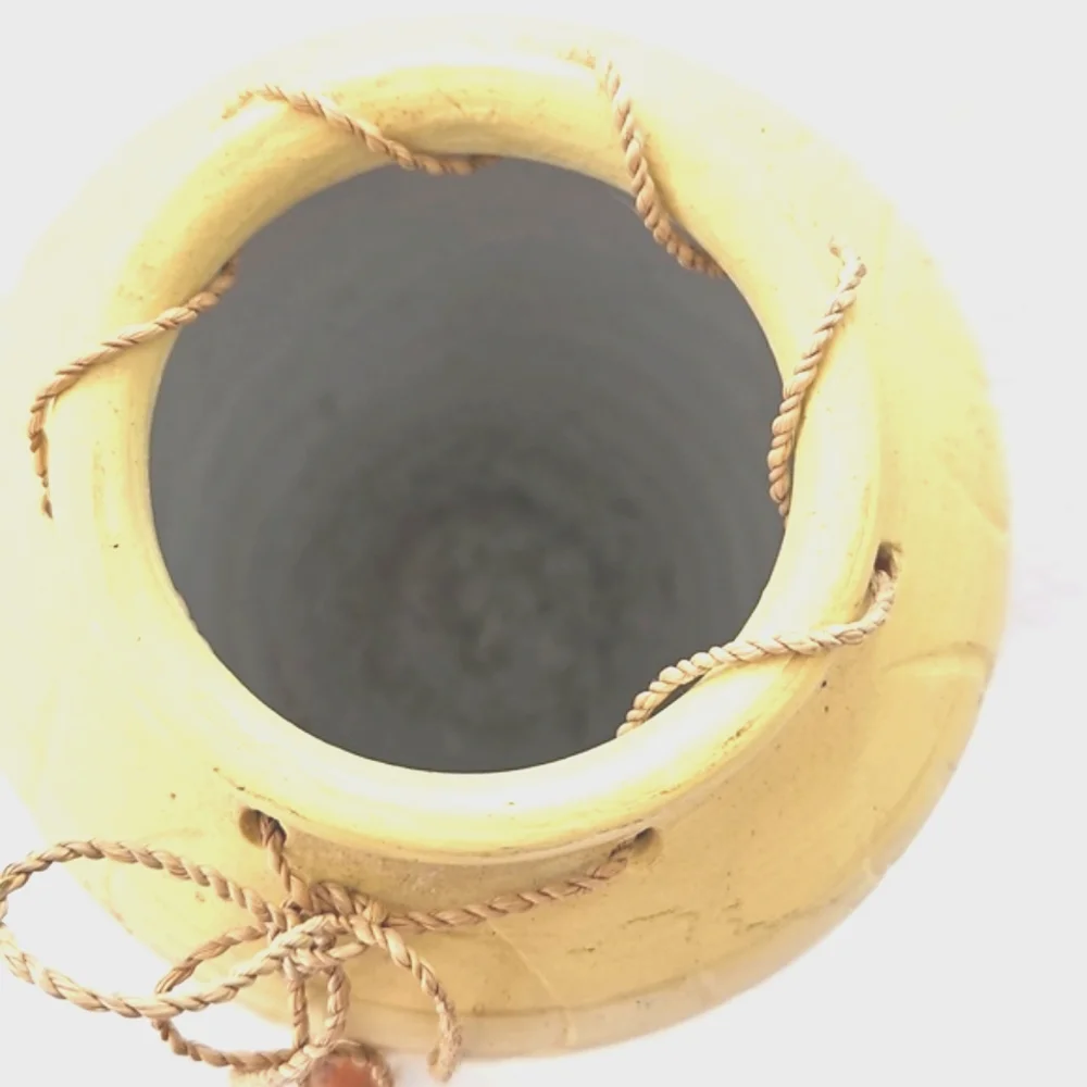 Southwestern Style Terra Cota Painted Yellow Vase With Rope Accent 6
